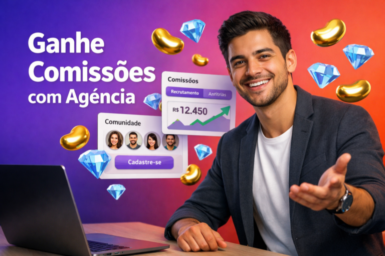 Empreendedor brasileiro em ambiente tech com painéis 3D de comissões e recrutamento, ícones de feijão dourado e diamante azul, destacando oportunidade de negócio com agência Chamet na chamet agency.
