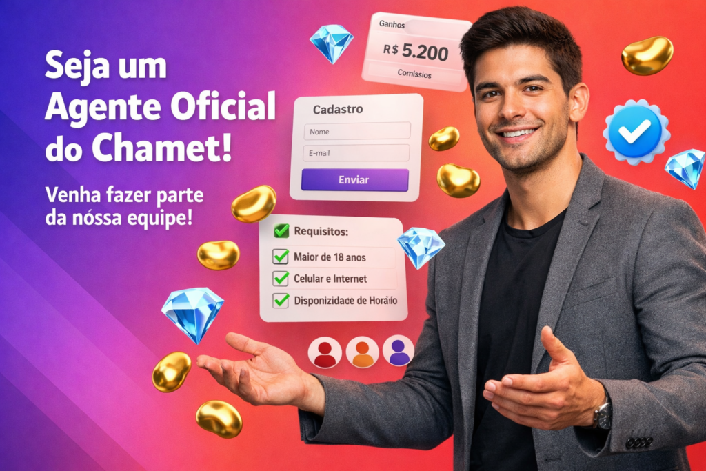 Imagem em estilo tech com jovem empreendedor brasileiro em um escritório moderno, elementos 3D de cadastro, checklist de requisitos e painel de comissões, com ícones de feijões dourados e diamantes azul-céu, destacando como se tornar um agente Chamet na chamet agency.