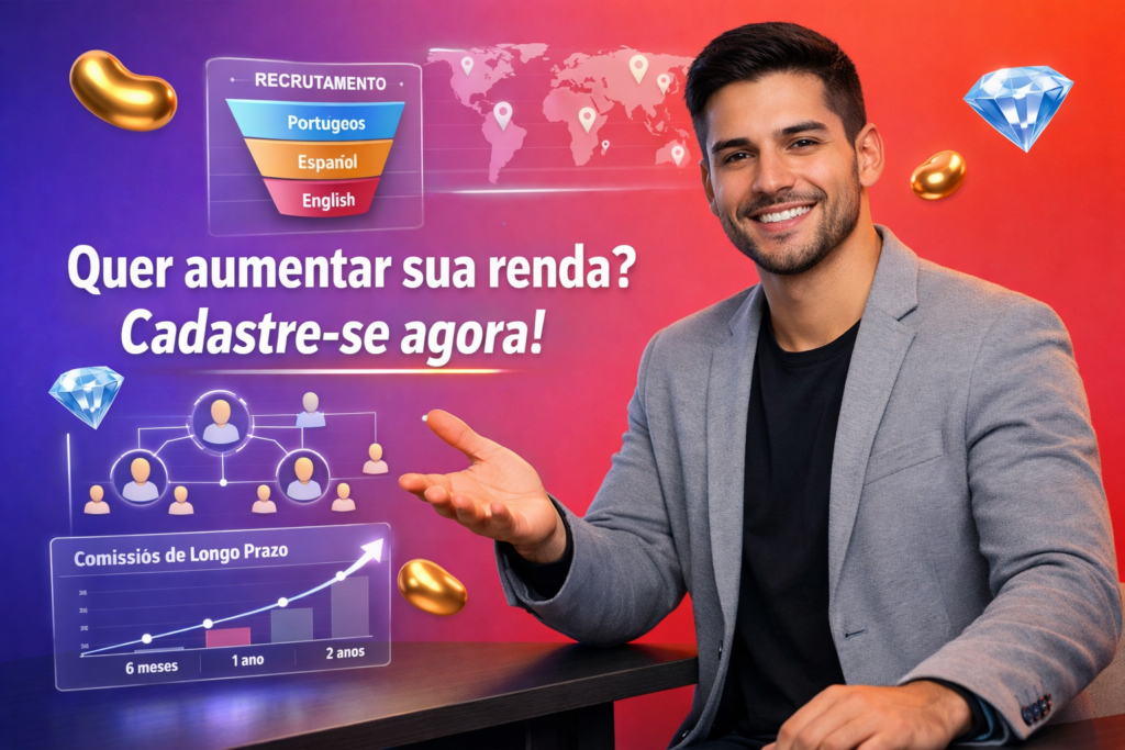 Empreendedor brasileiro em cenário tech com elementos 3D de recrutamento internacional, equipe multinível e comissão de longo prazo, ilustrando a estratégia de crescimento da agência para chamet agency.