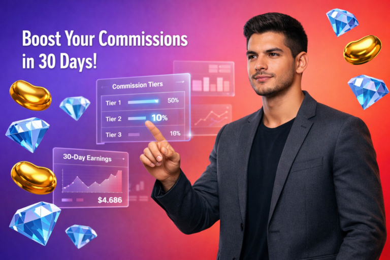Empreendedor brasileiro analisando painel de comissões com ícones 3D de beans dourados e diamonds azuis em fundo gradiente, explicando taxas e classes A–K em 30 dias para chamet agency.
