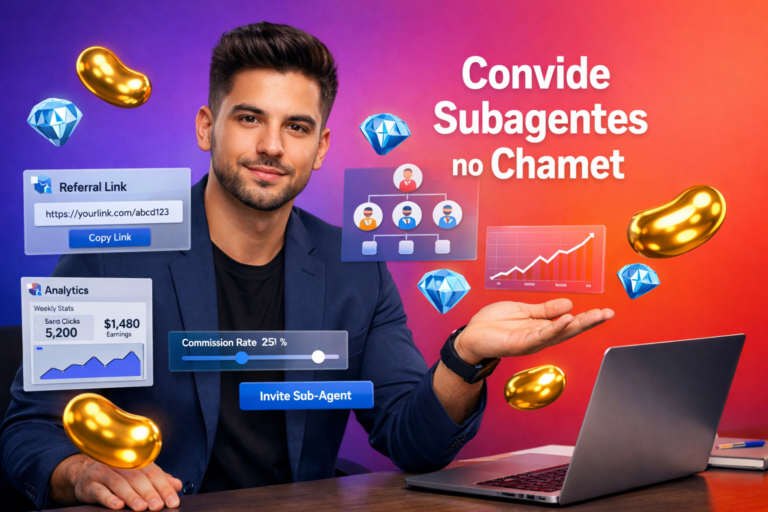Empreendedor brasileiro em ambiente tech com elementos 3D de link de convite, organograma de equipe e painel de comissão para explicar como convidar subagentes no Chamet na chamet agency.