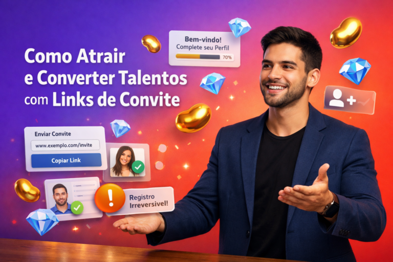 Imagem de uma empreendedora brasileira em ambiente tech com elementos 3D de convite e cadastro, explicando como convidar hostesses para agência; chamet agency.