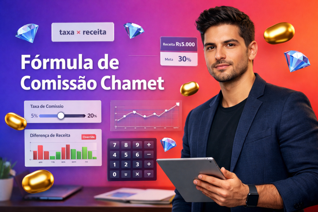 Imagem de destaque com um empreendedor brasileiro analisando painéis 3D de fórmula e gráficos de taxa variável para explicar a fórmula de cálculo da comissão Chamet para chamet agency.