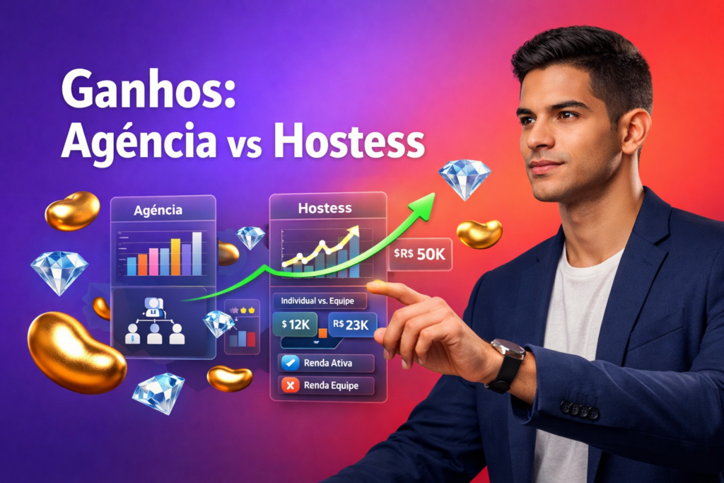 Imagem de capa com empreendedora brasileira analisando painéis 3D que comparam ganhos de agência e hostess no Chamet, com gráficos de renda ativa vs renda em equipe, ícones de Bean dourado e Diamond azul; chamet agency.