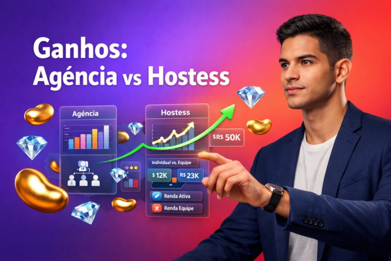 Imagem de capa com empreendedora brasileira analisando painéis 3D que comparam ganhos de agência e hostess no Chamet, com gráficos de renda ativa vs renda em equipe, ícones de Bean dourado e Diamond azul; chamet agency.