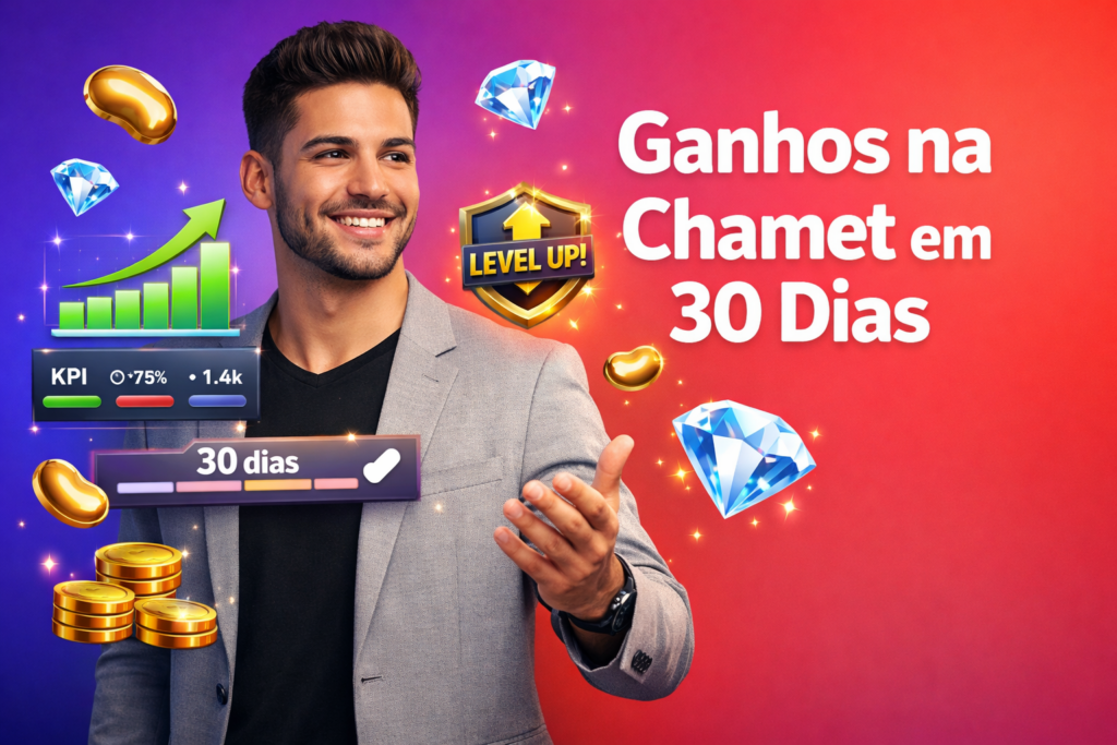 Imagem de capa com um empreendedor brasileiro confiante em um workspace moderno, dashboards 3D de crescimento e ícones de beans dourados e diamonds azuis, ilustrando como aumentar os ganhos da agência em 30 dias na chamet agency.