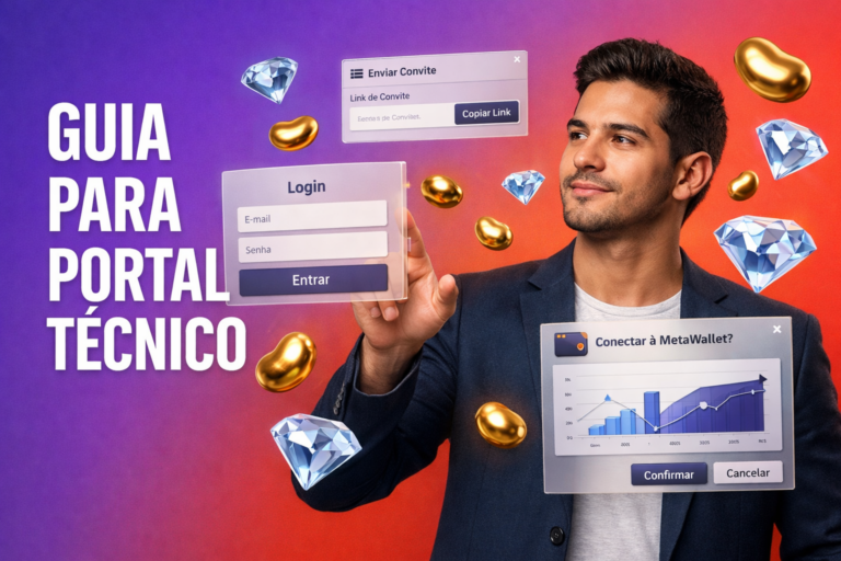 Imagem de capa mostrando um empreendedor brasileiro analisando o portal do agente, links de convite, relatório de comissão e conexão da carteira no painel chamet agency, com ícones 3D de Beans dourados e Diamantes azul-céu.