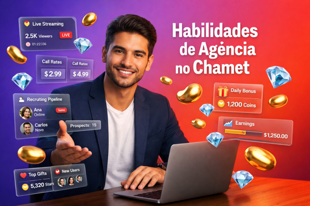 Empreendedora brasileira em ambiente moderno com interfaces 3D de live streaming, preço de chamadas, presentes e comissões, com ícones de beans dourados e diamantes azuis, ilustrando habilidades de agência para hostess; chamet agency.