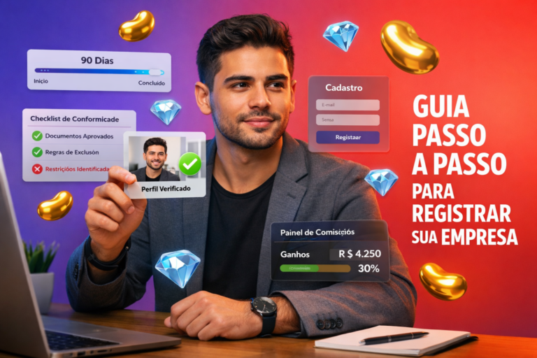 Imagem de guia mostrando uma profissional brasileira analisando um painel com cronograma de 90 dias, checklist de regras e cadastro para virar agente, com ícones 3D de beans dourados e diamantes azuis, chamet agency.