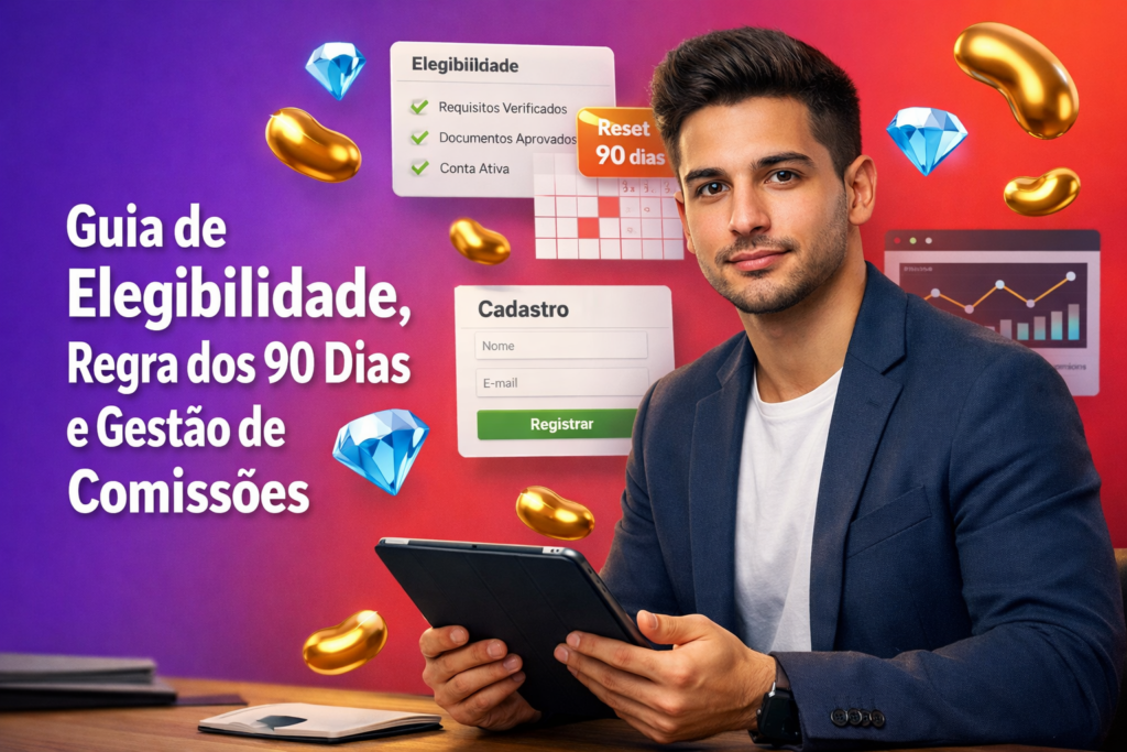 Imagem de capa com uma empreendedora brasileira analisando regras de elegibilidade e reset de 90 dias para abrir e gerenciar uma agência, com painel de cadastro e comissões e ícones 3D de Beans e Diamonds no estilo chamet agency.