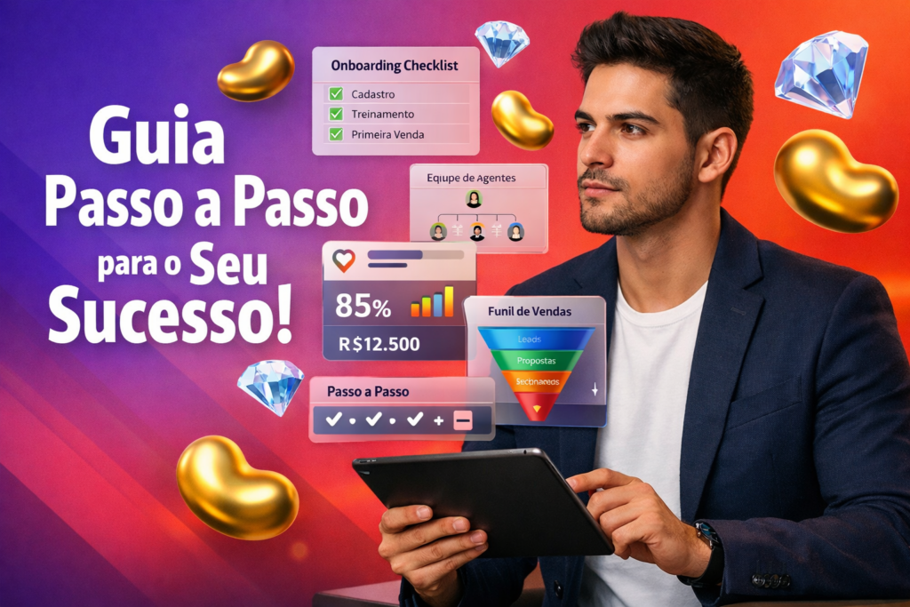 Empreendedora brasileira em ambiente tech com UI 3D de checklist, comissões e organograma, com ícones Bean dourados e Diamonds azul-céu, representando a transição de hostess Chamet para agente e abertura de chamet agency.