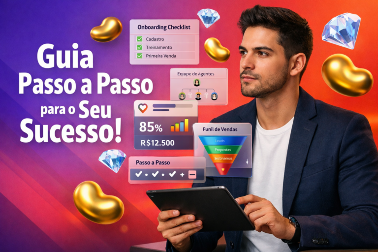 Empreendedora brasileira em ambiente tech com UI 3D de checklist, comissões e organograma, com ícones Bean dourados e Diamonds azul-céu, representando a transição de hostess Chamet para agente e abertura de chamet agency.
