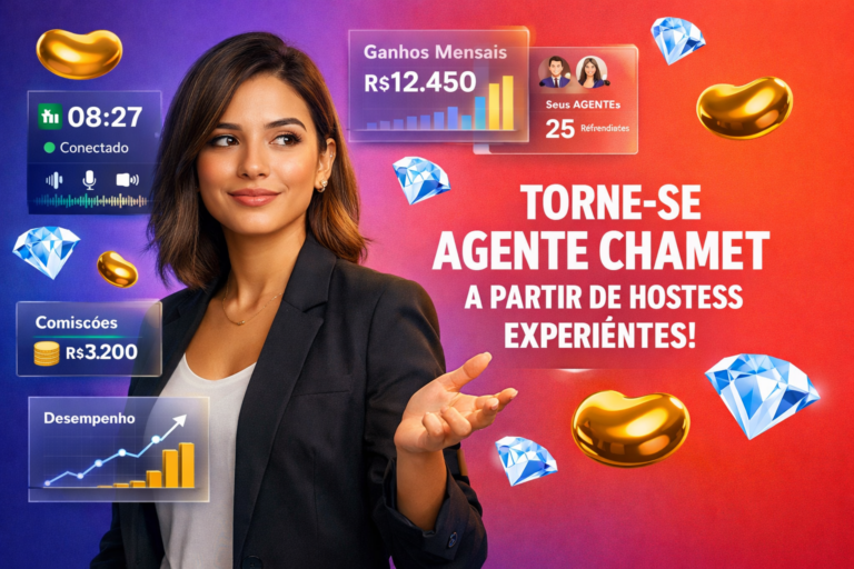 Imagem de capa mostrando uma empreendedora brasileira analisando painéis 3D sobre comissões e mecânica de chamadas para virar agente, com ícones de beans e diamantes no estilo do app; chamet agency.