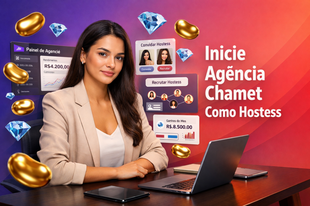 Empreendedora brasileira em ambiente tech com painéis 3D de cadastro, convites de hostesses e comissões para iniciar uma agência Chamet; ilustração de chamet agency com ícones de beans dourados e diamonds azuis ao fundo em gradiente roxo para vermelho.