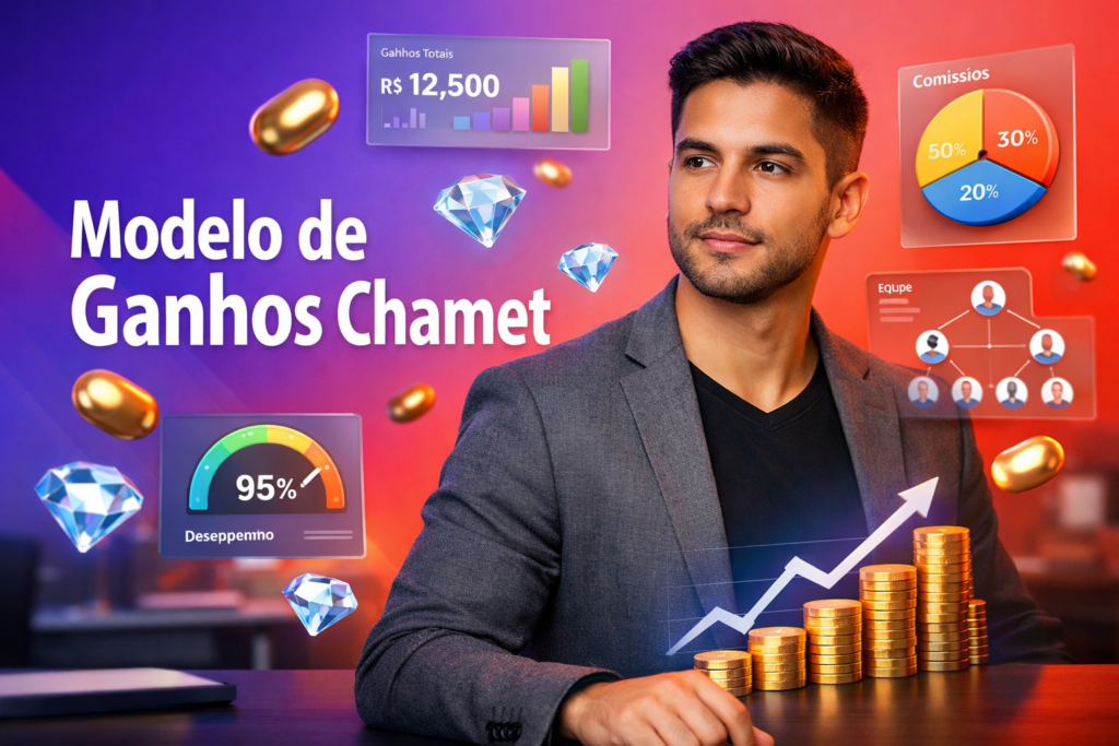 Imagem de destaque com um empreendedor brasileiro analisando painéis 3D de comissões, desempenho e rede de subagentes, com ícones de Bean dourado e Diamond azul, explicando o modelo de ganhos do agente Chamet para chamet agency.