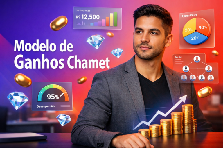 Imagem de destaque com um empreendedor brasileiro analisando painéis 3D de comissões, desempenho e rede de subagentes, com ícones de Bean dourado e Diamond azul, explicando o modelo de ganhos do agente Chamet para chamet agency.