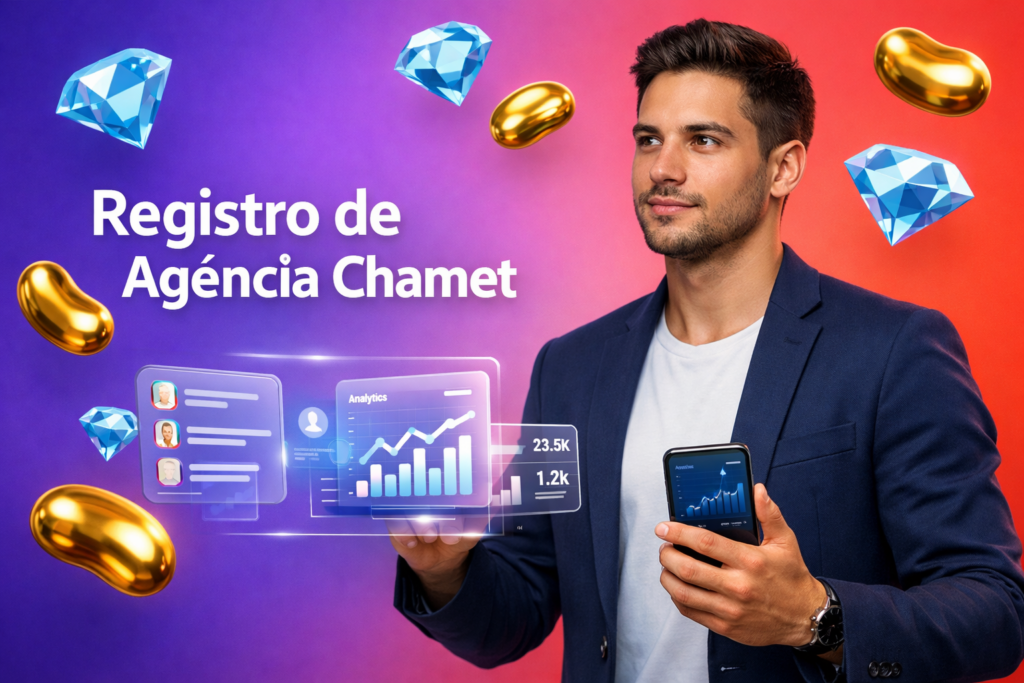 Guia visual do registro de agência Chamet para criar conta e acessar o painel de agente no app, com ícones de beans e diamonds (chamet agency).