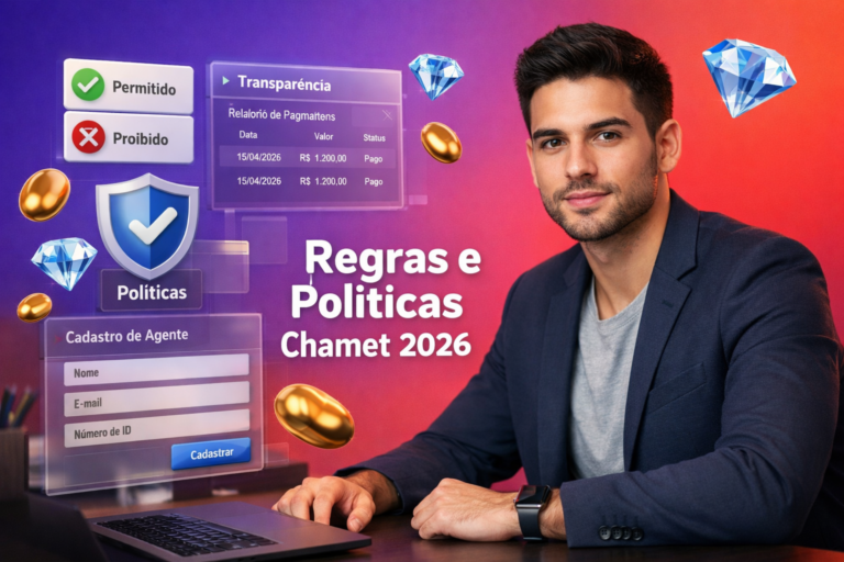 Imagem de capa com jovem empreendedor brasileiro em ambiente tech com painéis 3D de checklist de políticas, transparência de pagamento e cadastro de agente, com ícones de feijão dourado e diamante azul; guia de regras e políticas da agência para chamet agency.