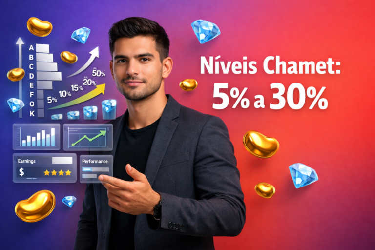 Imagem de capa mostrando um jovem empreendedor brasileiro analisando um painel com níveis A a K e comissões de 5% a 30%, com ícones 3D de feijões dourados e diamantes azul-céu em um cenário tech; explicação do sistema de níveis da agência e recrutamento na chamet agency.