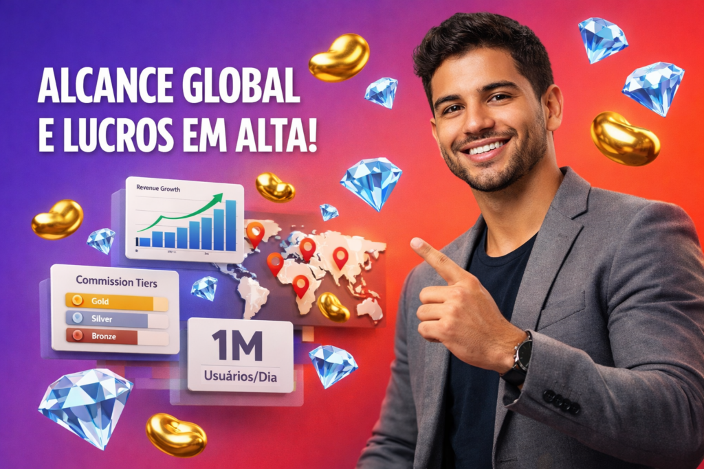 Visão geral oficial da agência Chamet com empreendedor brasileiro confiante em ambiente tech, UI 3D de comissões e crescimento, e ícones de beans dourados e diamantes azul-céu no estilo chamet agency.