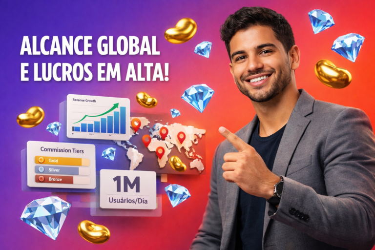 Visão geral oficial da agência Chamet com empreendedor brasileiro confiante em ambiente tech, UI 3D de comissões e crescimento, e ícones de beans dourados e diamantes azul-céu no estilo chamet agency.