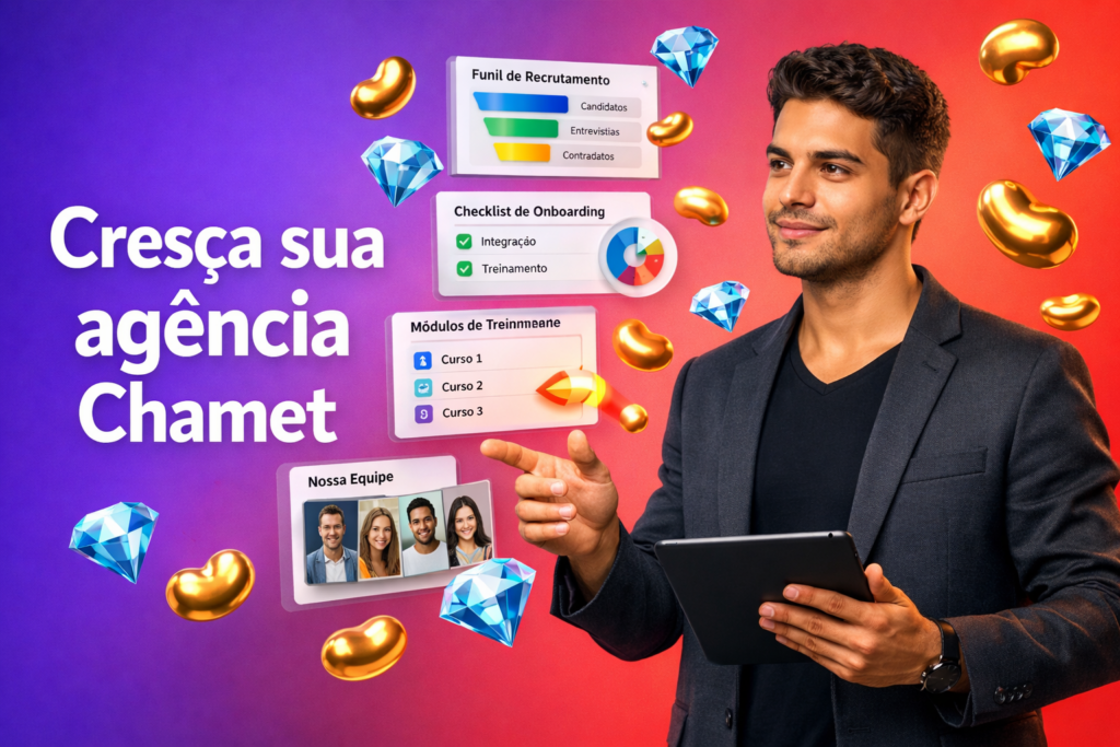 Empreendedor brasileiro em workspace moderno com painéis 3D de recrutamento, treinamento e ganhos, com ícones de feijões dourados e diamantes azuis, explicando como usar experiência de hostess para expandir uma chamet agency.