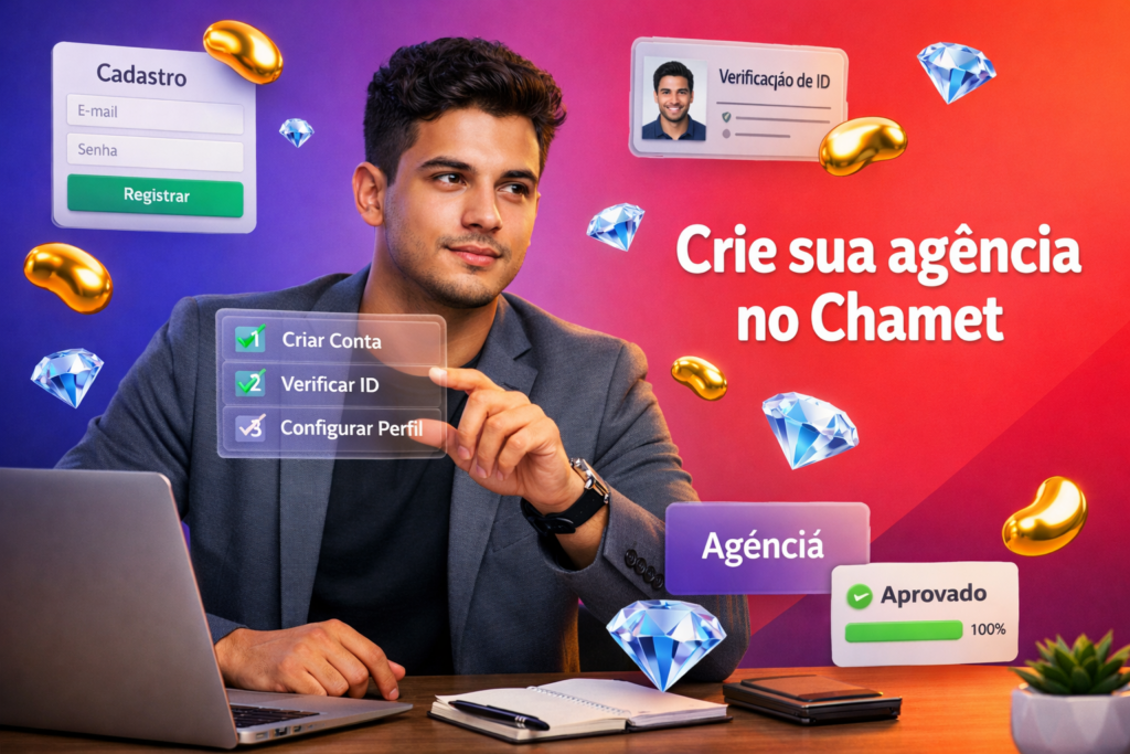 Imagem em estilo tech com um jovem empreendedor brasileiro interagindo com telas 3D de cadastro e checklist para criar uma agência no Chamet, com ícones de beans dourados e diamantes azuis em um fundo gradiente vibrante; chamet agency.