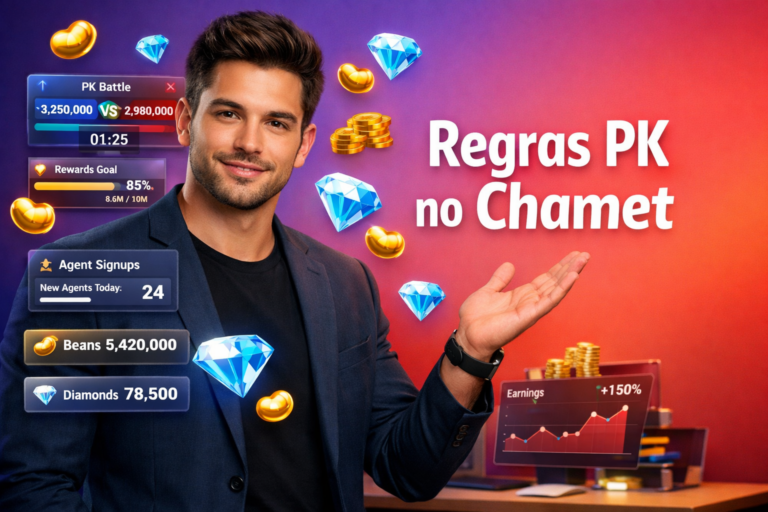 Empreendedor brasileiro em workspace moderno analisando interface 3D de batalha PK no Chamet com placar ao vivo, contador de beans e diamonds e painéis de ganhos para chamet agency.