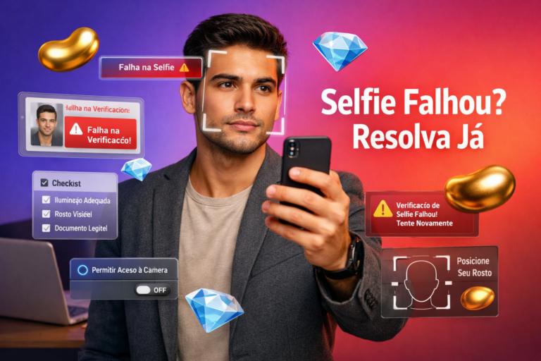 Empreendedor brasileiro em ambiente tech com smartphone e elementos de UI de autenticação mostrando erro de selfie e verificação facial no Chamet, com ícones 3D de bean dourado e diamond azul; guia rápido para chamet agency.