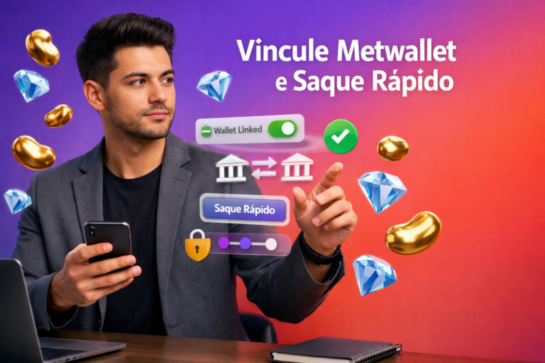 Ilustração de guia para Vinculação do Metwallet para agentes, mostrando empreendedor brasileiro em ambiente tech com elementos 3D de carteira, verificação e transferência para agilizar saque de comissão na Chamet, chamet agency.