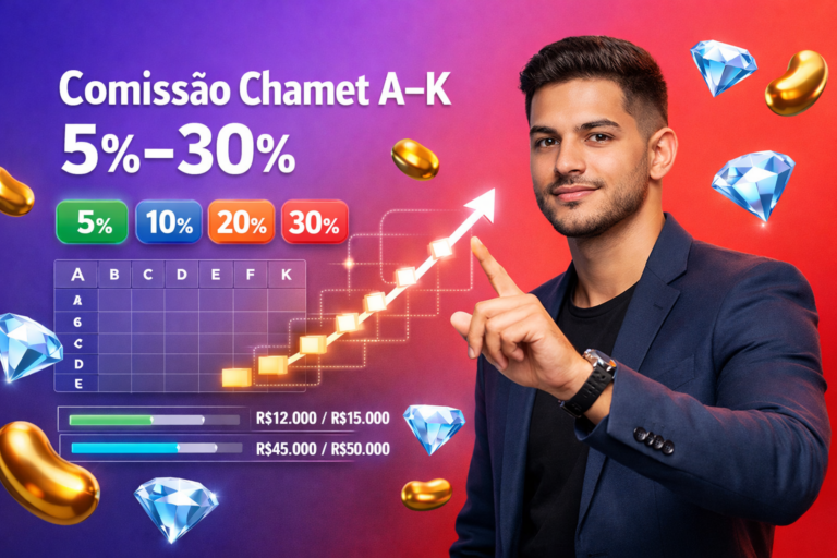 Guia visual da Comissão de agente Chamet Classe A a K com tabela de 5% a 30%, limites de receita e upgrade de nível para chamet agency.