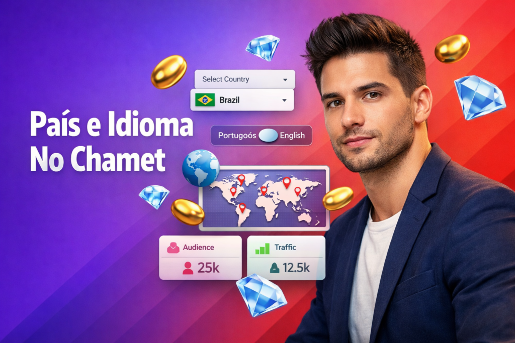 Empreendedor brasileiro em ambiente tech usando filtros regionais no app Chamet para selecionar país e idioma, com ícones 3D de beans dourados e diamonds azul-celeste e elementos de interface flutuantes; guia para chamet agency.