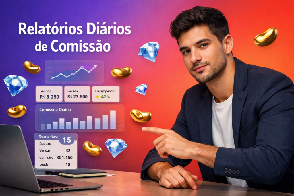 Empreendedor brasileiro analisando relatórios diários de comissão Chamet com gráficos de desempenho, ganhos e receita diária em interface 3D, com ícones de feijões dourados e diamantes azuis em fundo gradiente para chamet agency.