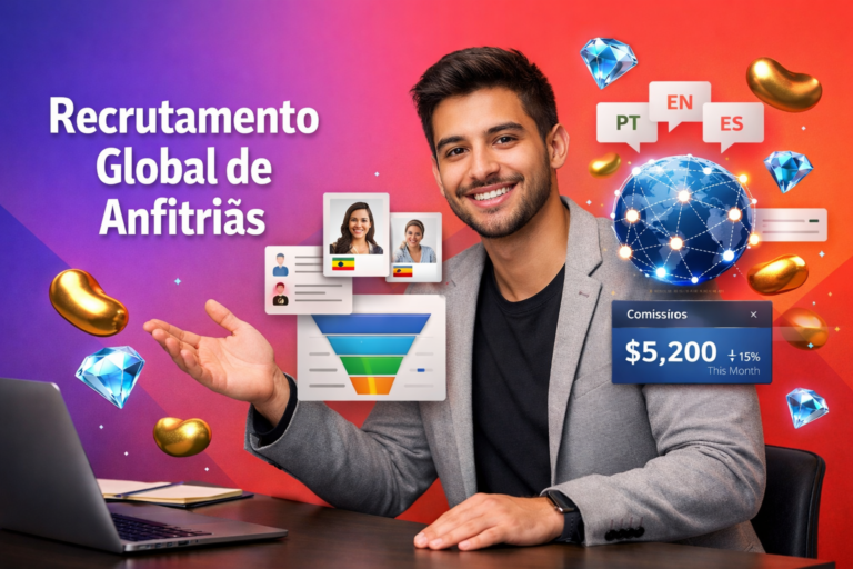 Imagem destaque sobre Recrutamento internacional de anfitriãs Chamet, mostrando uma empreendedora brasileira em um ambiente tech com elementos 3D de recrutamento, rede global e comissões para chamet agency.