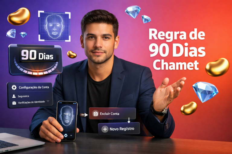 Imagem de destaque sobre redefinição de verificação facial Chamet com empreendedor brasileiro em ambiente tech, mostrando elementos de UI de escaneamento facial, contagem de 90 dias, configurações de conta e ícones 3D de beans dourados e diamantes azuis; guia para usuários e chamet agency.
