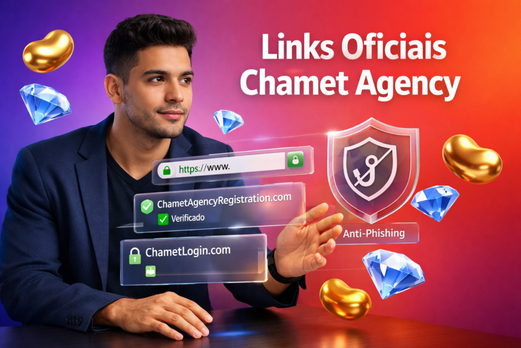 Empreendedor brasileiro em ambiente tech com interfaces 3D de links verificados e segurança, destacando portais autorizados e proteção contra golpes da chamet agency.