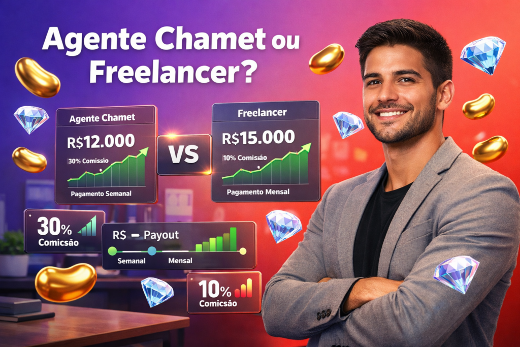 Empreendedor brasileiro confiante comparando ganhos online entre agente e freelancer, com gráficos de comissões, ícones 3D de feijões dourados e diamantes azul-céu em fundo gradiente; referência à chamet agency para aumentar a renda.