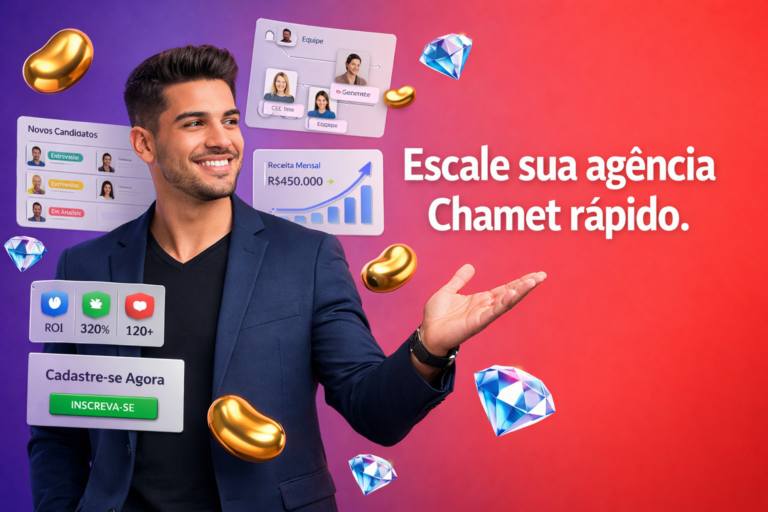 Empreendedor brasileiro em um escritório moderno com painéis 3D de recrutamento, equipe e crescimento de receita, além de ícones de feijão dourado e diamante azul, ilustrando como escalar uma chamet agency rapidamente.