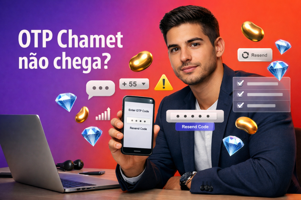 Imagem de um jovem empreendedor brasileiro em um workspace moderno analisando verificação por SMS e reenvio de código para resolver como corrigir OTP Chamet não recebido, com elementos 3D e ícones de beans e diamonds; chamet agency.