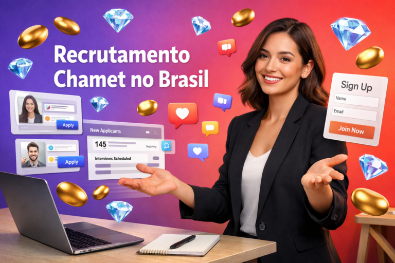 Empreendedora brasileira em ambiente tech com elementos 3D de perfis e rede de recrutamento, com ícones de bean dourado e diamond azul, ilustrando recrutamento Chamet no Brasil para chamet agency.