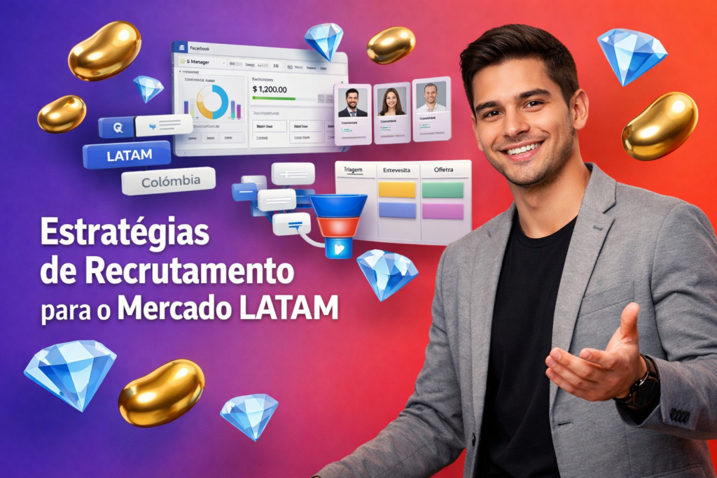 Empreendedor brasileiro em ambiente tech com elementos 3D e interfaces de recrutamento no Facebook LATAM para recrutamento Chamet na Colômbia; guia para agentes e chamet agency.