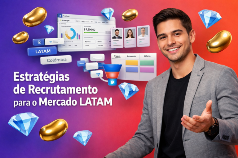 Empreendedor brasileiro em ambiente tech com elementos 3D e interfaces de recrutamento no Facebook LATAM para recrutamento Chamet na Colômbia; guia para agentes e chamet agency.