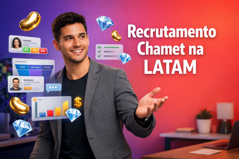Empreendedor brasileiro em um workspace moderno com elementos 3D de recrutamento, targeting por idioma e comissões, com ícones Bean dourados e Diamonds azul-céu em fundo gradiente; chamet agency.