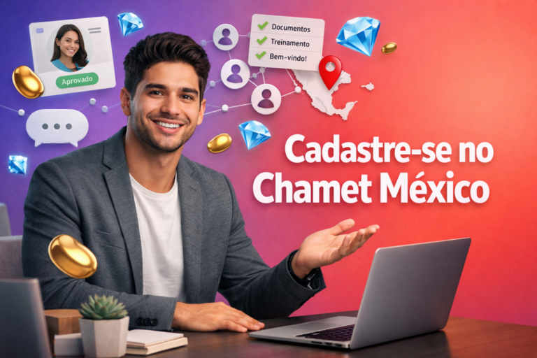 Empreendedor brasileiro em ambiente tech com UI 3D de recrutamento, ícones de beans dourados e diamantes azul-céu, destacando recrutamento Chamet no México e chamet agency.
